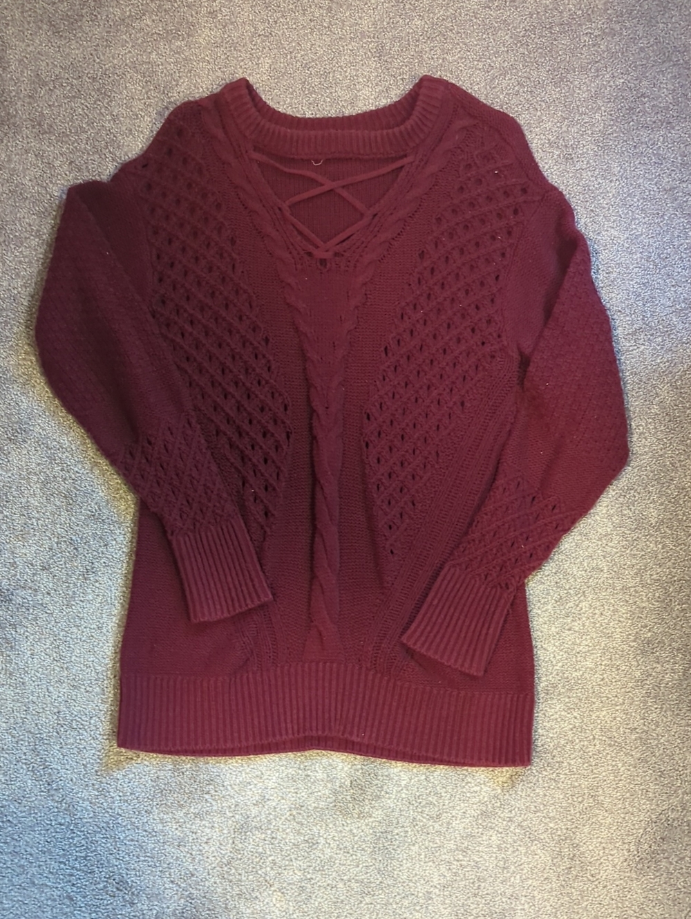 Maurices Wine Red V-Neck Cable Knit Sweater